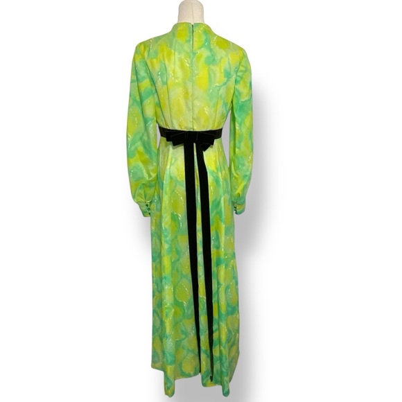 Vintage 70s Dress Green Yellow Maxi Chiffon Long Longsleeve Gown‎ Size Medium - Picture 2 of 10